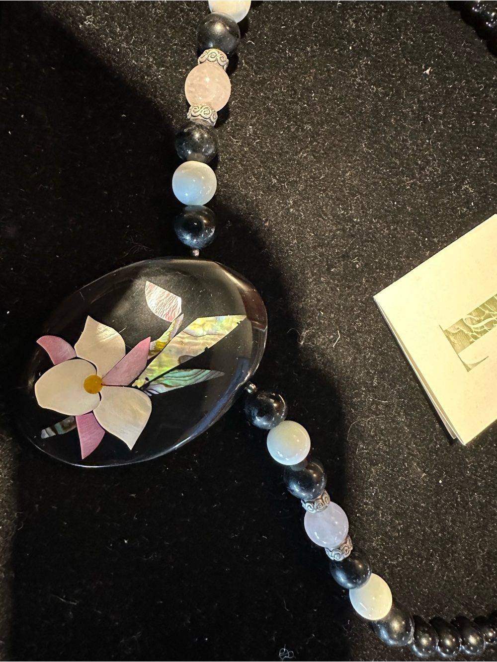 Onyx Bead Necklace with Floral Inlay Pendant Abalone Rose Quartz Lee Sands